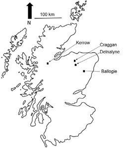 Figure 1: Map of experimental sites used across Northern Scotland, Ballogie, Delnalyne, Craggan and Kerrow