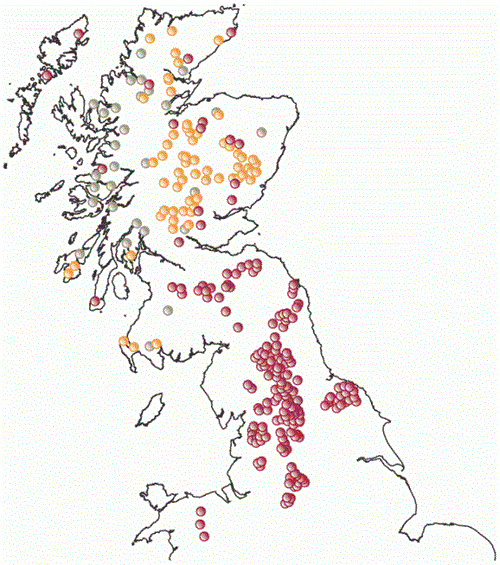 Distribution of different sorts of shooting estates within the uplands of the UK. Symbols indicate estates that have returned a survey form
