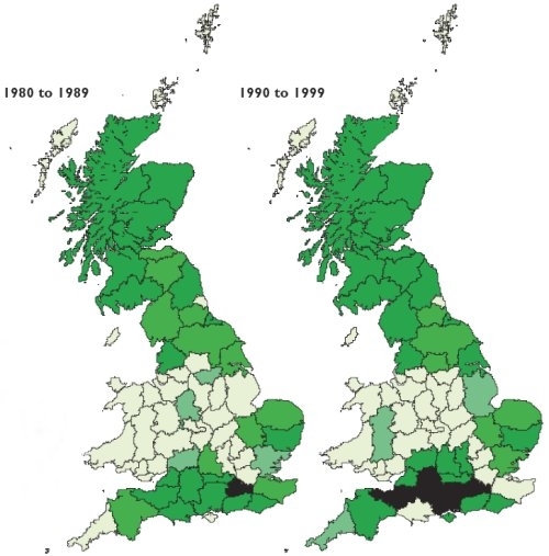 Roe deer distribution in 1980s and 1990s