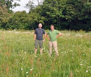 Mr John Phillips (right) and his gamekeeper Stephen Jones at Far Hill Farm in Gloucestershire. More than 17% of the whole farm is devoted to conservation with pollen and nectar mixes, wild bird seed crops, grass margins and lapwing plots producing a riot of colour during the summer months as well as providing vital food sources for insects and other wildlife