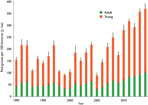 Figure 2: Average density of young and adult red grouse in July from 25 sites across northern England, 1990-2014.