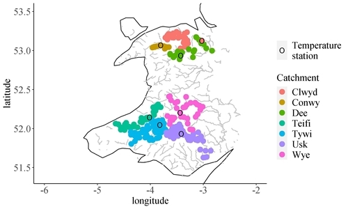 Location Of Electrofishing Sites , Coloured By River Catchment