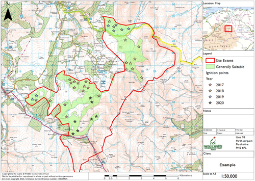 Example muirburn location map. Spatial data is illustrative only.