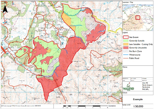 Example muirburn risk map. Spatial data is illustrative only.