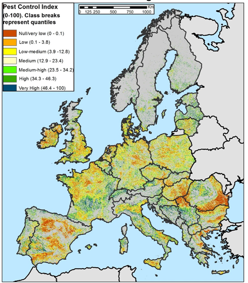 Figure 2: Natural Pest Control Potential, dimensionless relative score index. Values are scaled to 0–100. Higher values (green cells) represent cells with higher potential to support pest control. Figure 2: Natural Pest Control Potential, dimensionless relative score index. Values are scaled to 0–100. Higher values (green cells) represent cells with higher potential to support pest control.