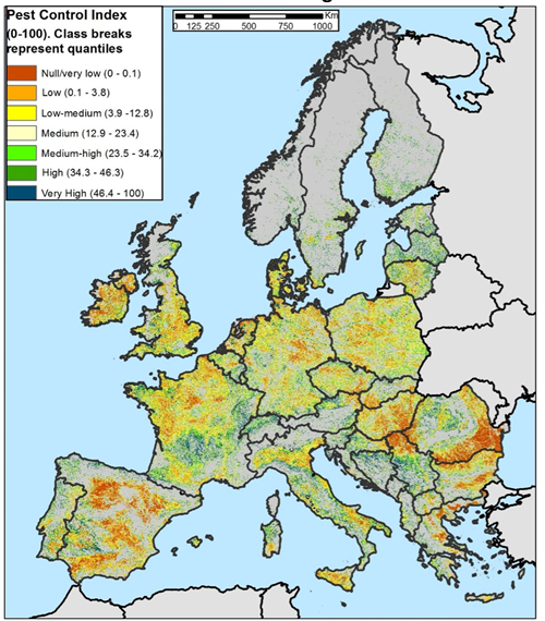 Figure 2: Natural Pest Control Potential, dimensionless relative score index. Values are scaled to 0–100. Higher values (green cells) represent cells with higher potential to support pest control.