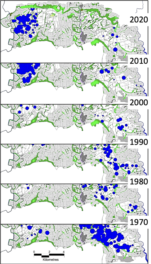 The changing distribution of grey partridge coveys on the Sussex study area. Each blue dot is the location of a partridge covey in autumn