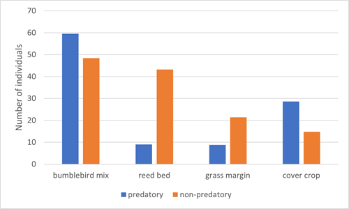 The average amounts of predatory and non-predatory invertebrates we found in four habitats at Gilston farm The average amounts of predatory and non-predatory invertebrates we found in four habitats at Gilston farm