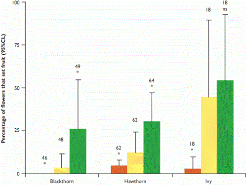 Average proportion of hedgerow flowers setting mature fruit under different pollination treatments on hedges at three farms in Hertfordshire in 2007