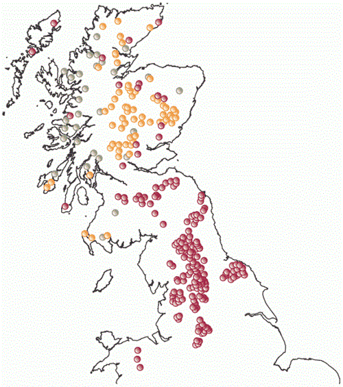 Distribution of different sorts of shooting estates within the uplands of the UK. Symbols indicate estates that have returned a survey form Distribution of different sorts of shooting estates within the uplands of the UK. Symbols indicate estates that have returned a survey form