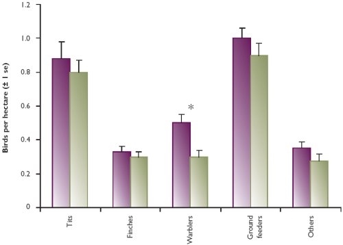 Average songbirds per hectare in 80 game managed woods and 79 non-game woods