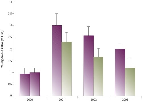 Productivity (young-to-old ratio) of pheasants in plots where Flubenvet-treated grain was provided and untreated plots Productivity (young-to-old ratio) of pheasants in plots where Flubenvet-treated grain was provided and untreated plots