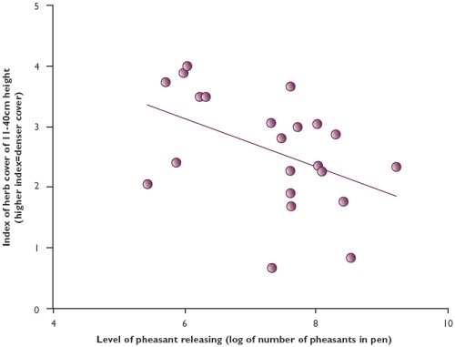 Relationship between the degree of herb cover in hedgerows at 11-40 cm height and the level of pheasant releasing (recorded as the log of the number of pheasants in the release pen). These data are for the North Devon and Somerset area only