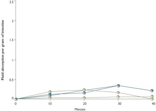 Fluid absorption across four sections of gut from a pheasant severely infected with Hexamita