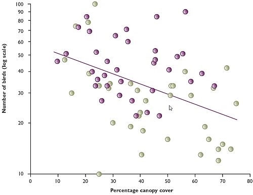 Relationship between total number of birds and canopy cover