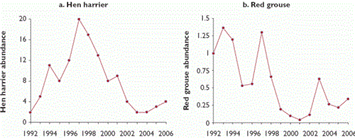 Trends in abundance of 10 bird species at Langholm Moor, 1992-2006