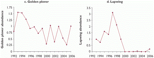 Trends in abundance of 10 bird species at Langholm Moor, 1992-2006