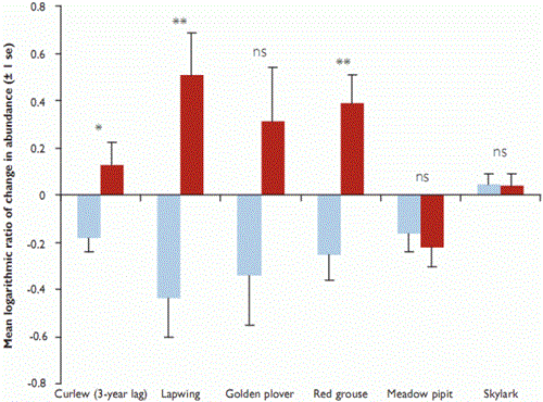 Changes in abundance of ground-nesting birds monitored as part of Upland Predation Experiment after controlling for site and year effects