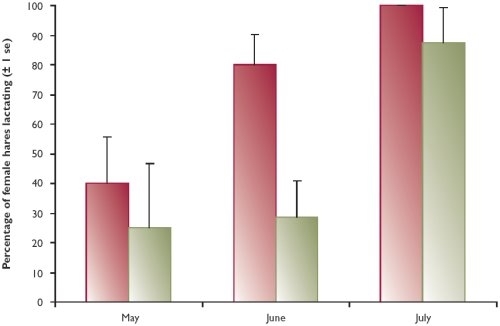 Percentage of female mountain hares with (fed) and without (unfed) access to supplementary food that were lactating in early summer 2006 in Strathspey Percentage of female mountain hares with (fed) and without (unfed) access to supplementary food that were lactating in early summer 2006 in Strathspey