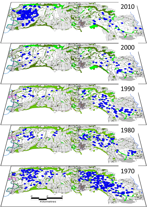 The changing distribution of grey partridge coveys on the Sussex study area. Each blue dot is the location of a partridge covey in autumn The changing distribution of grey partridge coveys on the Sussex study area. Each blue dot is the location of a partridge covey in autumn