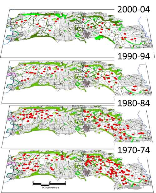 The red dots are locations where Chickweed was identified in cereal fields over a five year period in the June samples