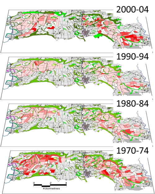 Average abundance of caterpillars (sawflies, butterflies & moths) on fields across the Sussex study, over four five-year periods