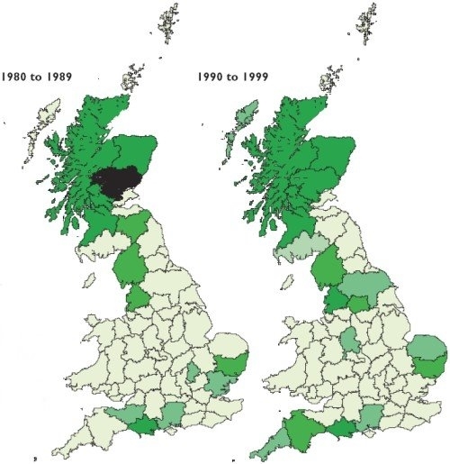 Red deer distribution in 1980s and 1990s