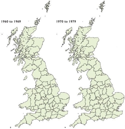 Muntjac distribution in 1960s and 1970s