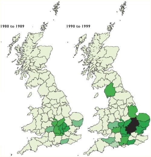 Muntjac distribution in 1980s and 1990s