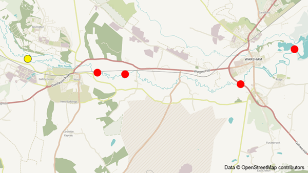 Location of East Burton eel rack (yellow dot) and WR2W receivers in the River Frome (red dots)