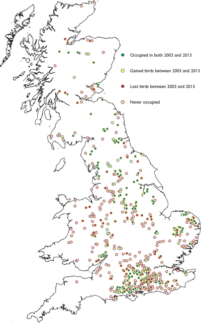 Breeding woodcock count sites in the UK where observers were present in both 2003 and 2013