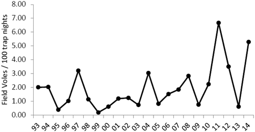 Number of voles trapped at Langholm in spring (per 100 trap nights)