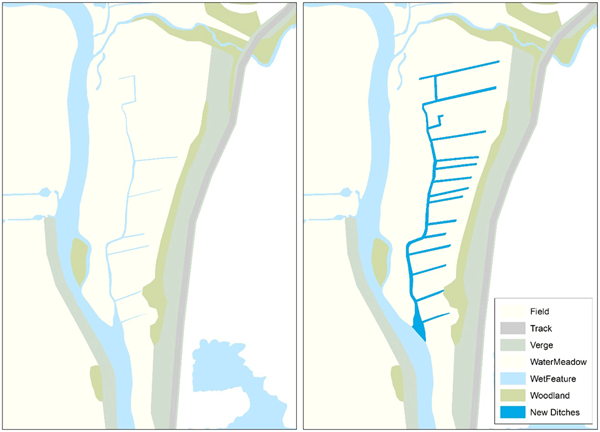 Maps of before (left) and after (right) ditch reinstatement and creation, using both existing and relict ditch lines to create more in-field wet feature Maps of before (left) and after (right) ditch reinstatement and creation, using both existing and relict ditch lines to create more in-field wet feature